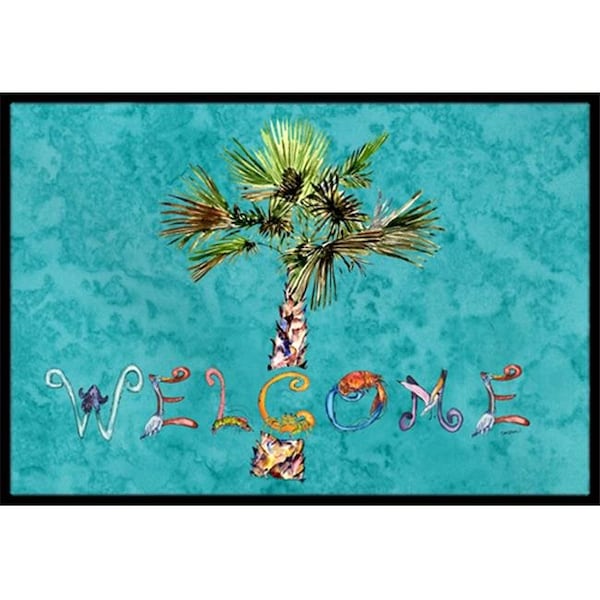 Carolines Treasures 8711JMAT Welcome Palm Tree On Teal Indoor & Outdoor Mat; 24 x 36 in. 8711JMAT - main